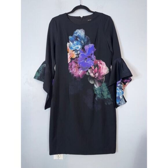 Black Halo Dresses & Skirts - Black Halo Women’s Floral Lorie Sheath Dress Bell Sleeve Cocktail Black Size 8